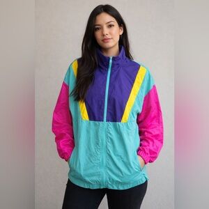 Retro Inspired Colourblock Windbreaker Jacket – Women’s Oversized Large